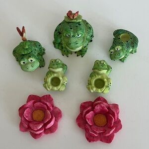 9 pc Green Frog Candle Holders with Pink Flowers